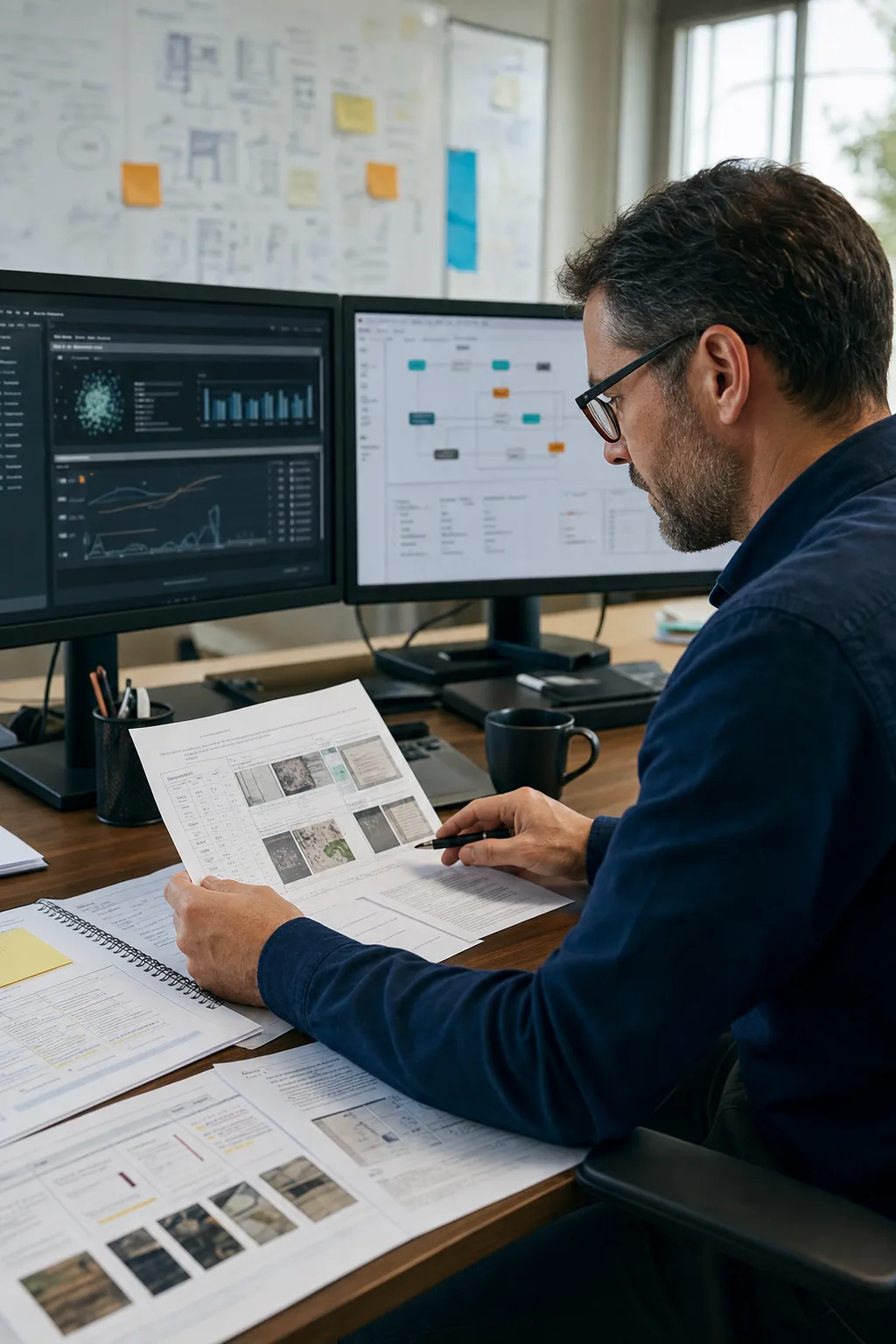 Specialist validating machine-learning results, operational data and document workflows