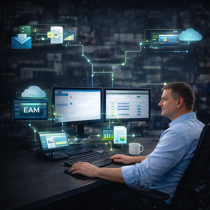 Lukas Paul Streiff working at a desk with EAM, reporting, cloud and workflow systems