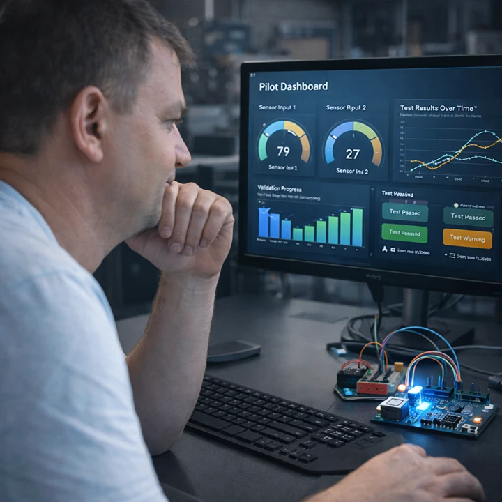 Lukas Paul Streiff reviewing a pilot dashboard and validation results at a workstation