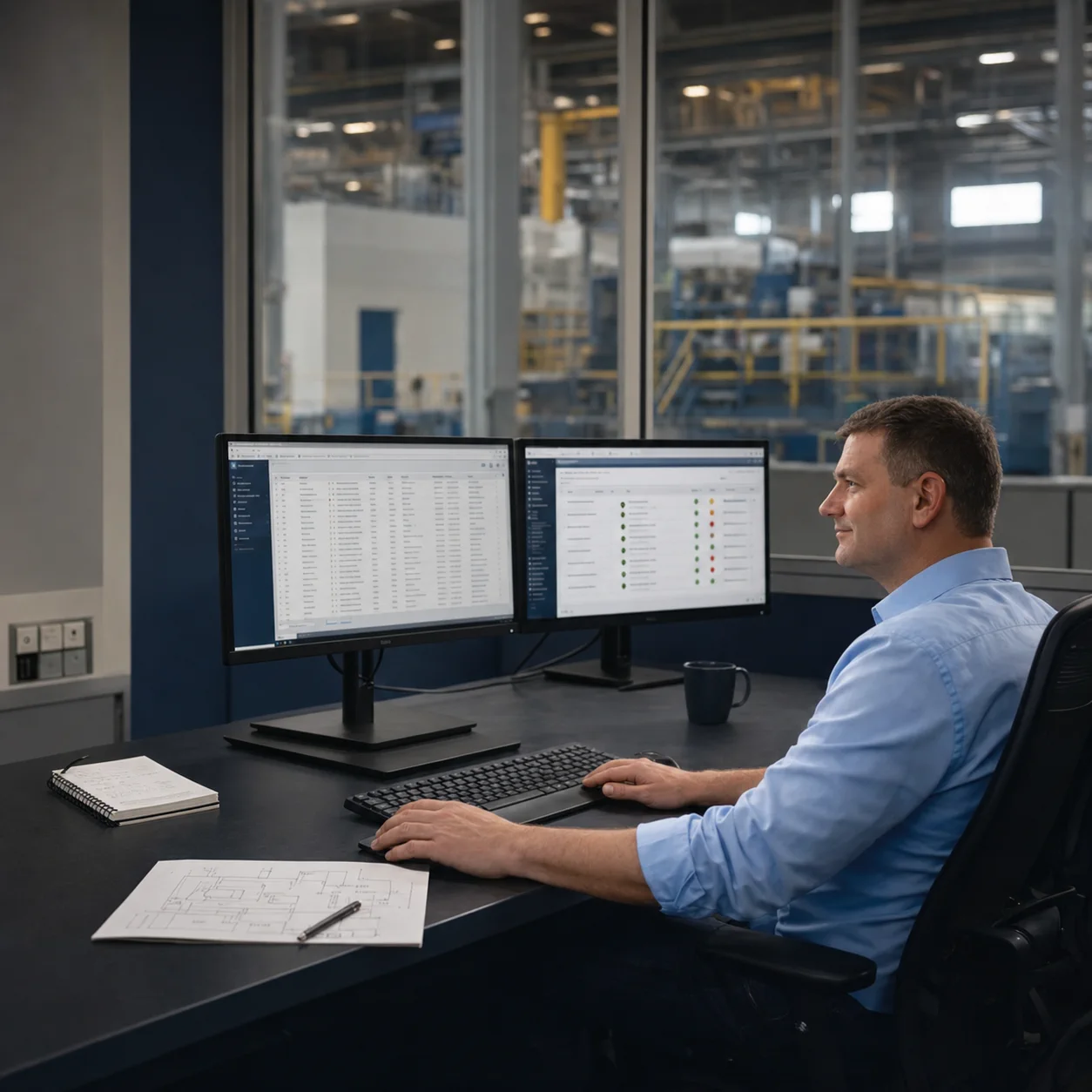 Lukas Paul Streiff reviewing operational systems, data flows and automation in an industrial environment