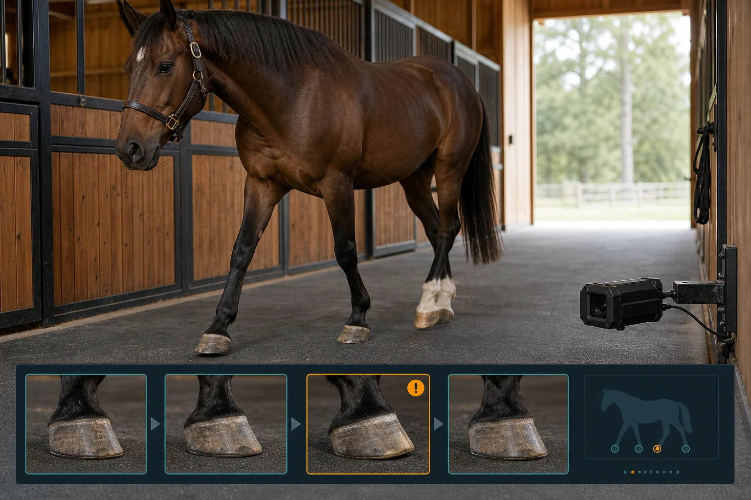 Concept illustration of a horse walking past a low-mounted camera with a sequence of hoof images marked for review