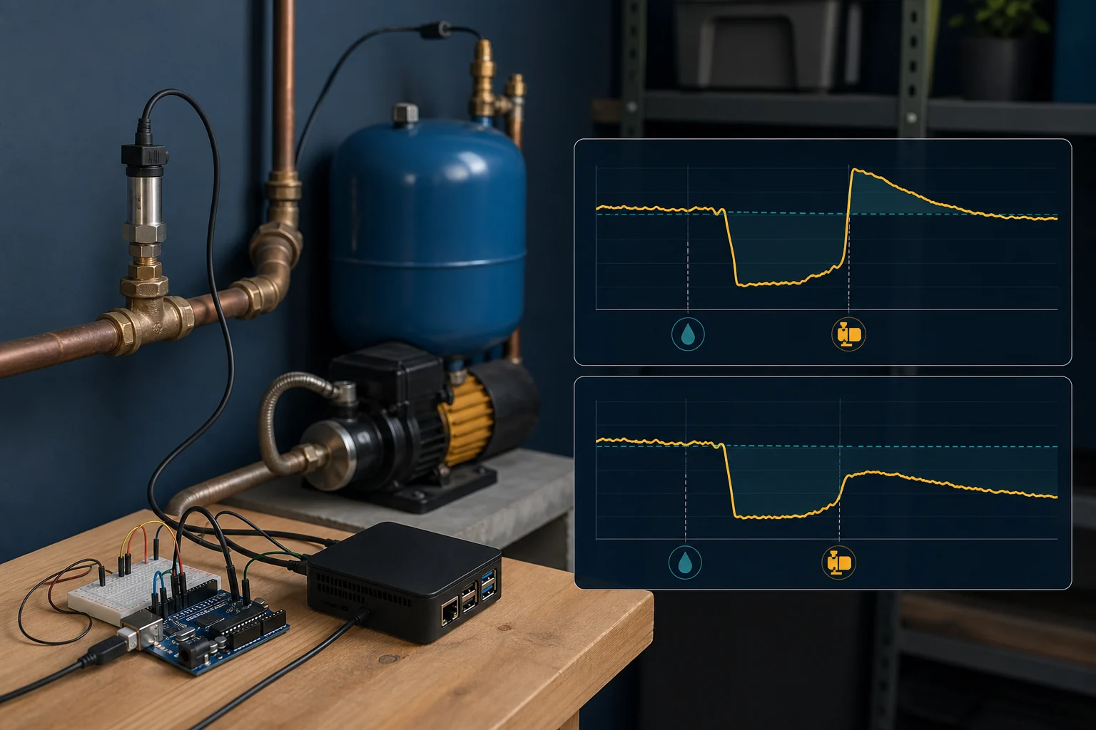 Concept illustration of a pressure sensor, water pump, Arduino-style controller, Linux mini computer and two pressure curves